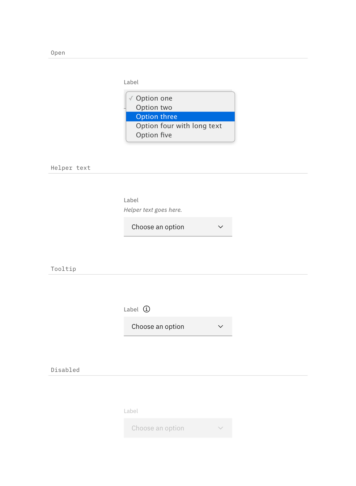 Open, disabled, and more information/help state examples for Select